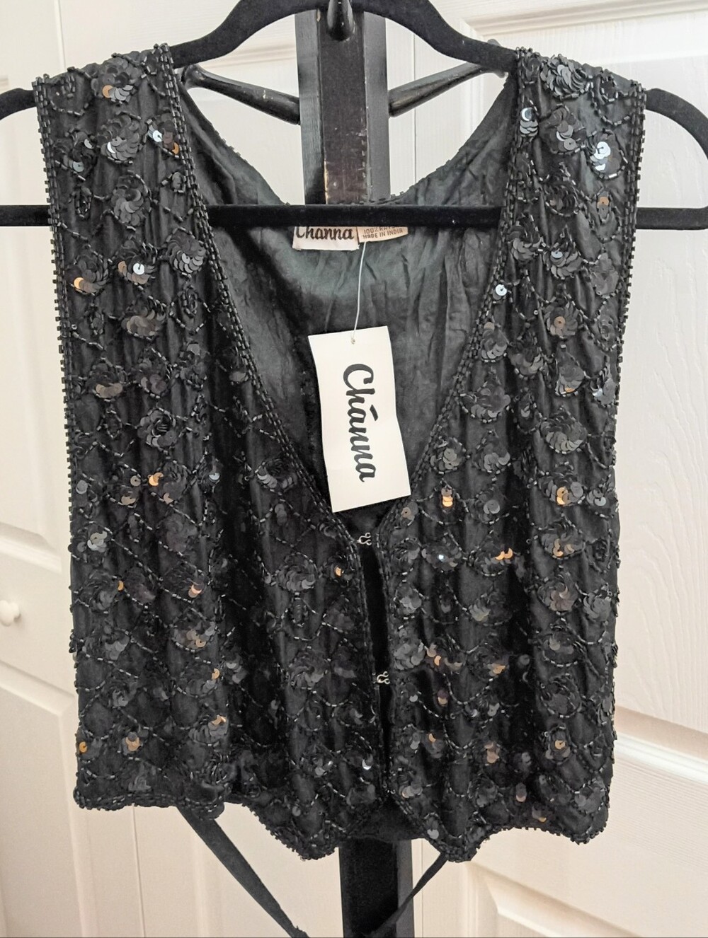 NWT Vintage Channa Black Silk Beaded Sequin Vest Adjustable Back
